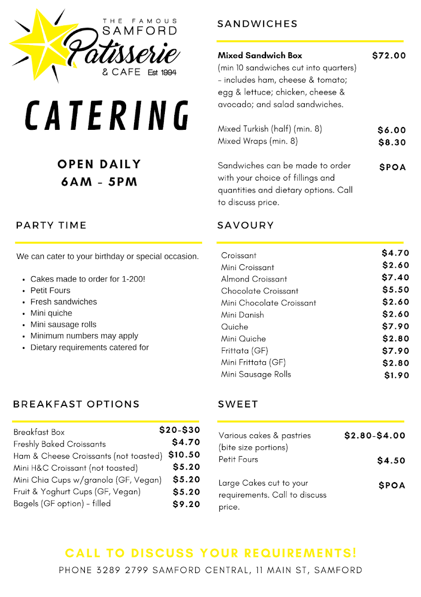 Menu, Samford Patisserie & Cafe