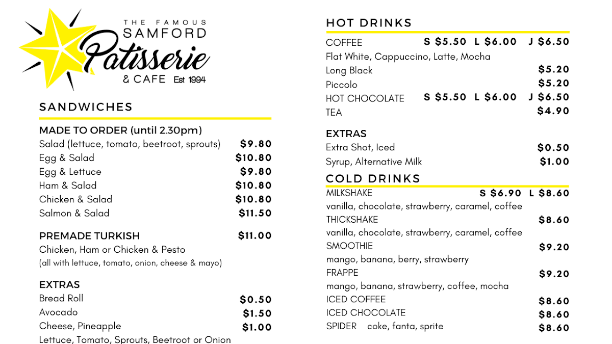 Menu, Samford Patisserie & Cafe