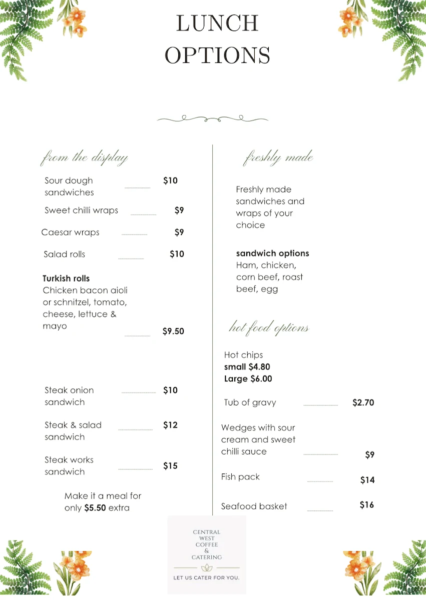 Menu, Central West Coffee & Catering