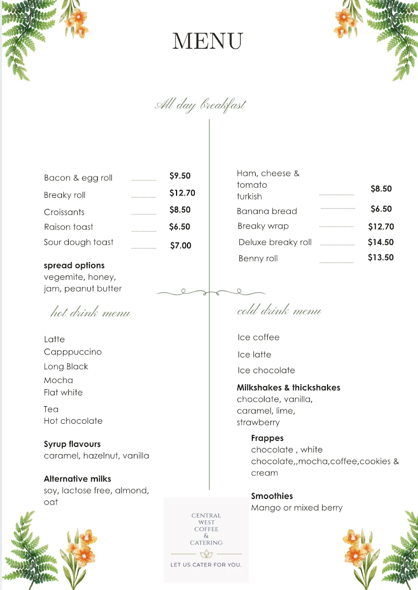 Menu, Central West Coffee & Catering