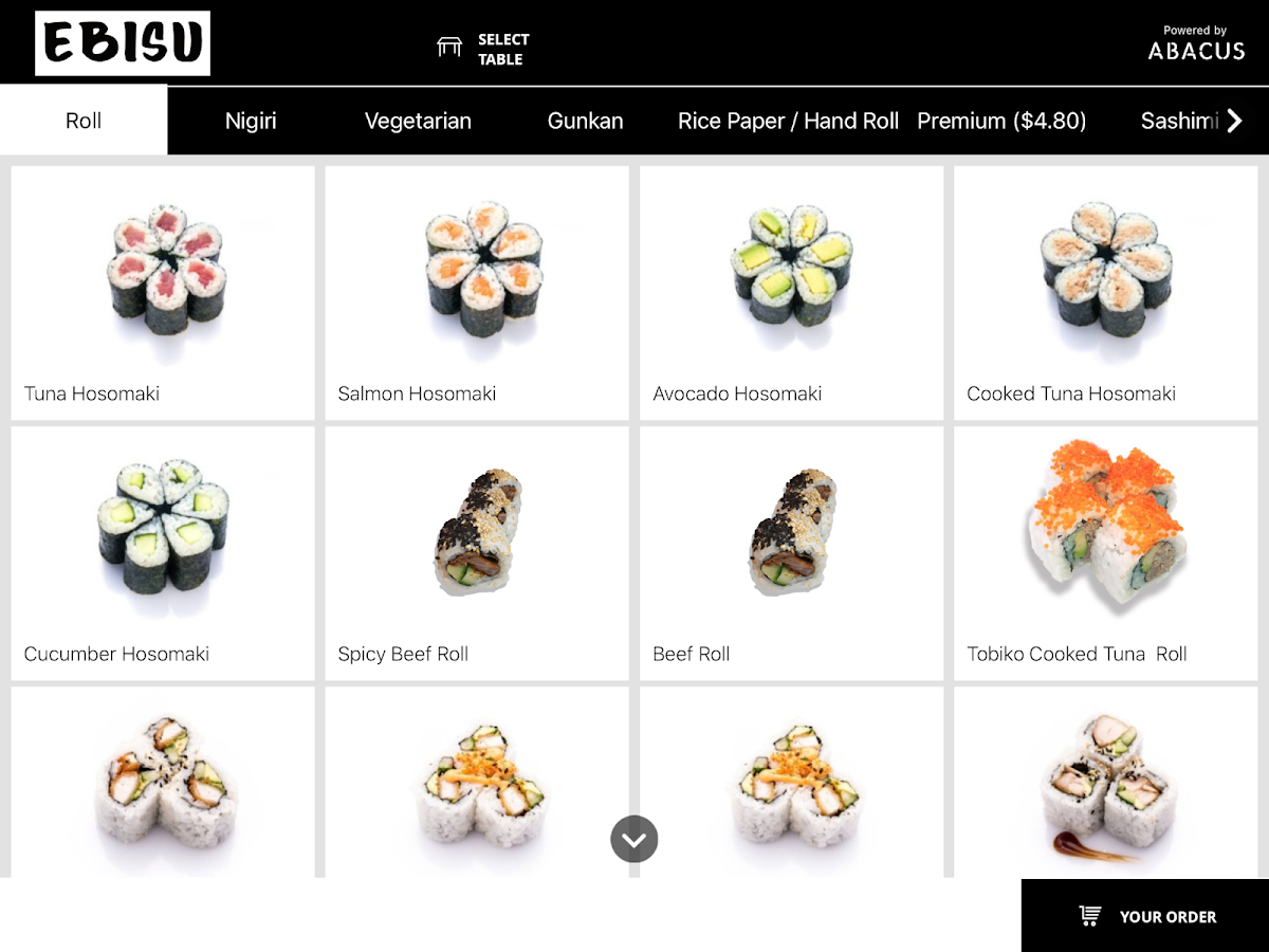 Menu, Ebisu Sushi