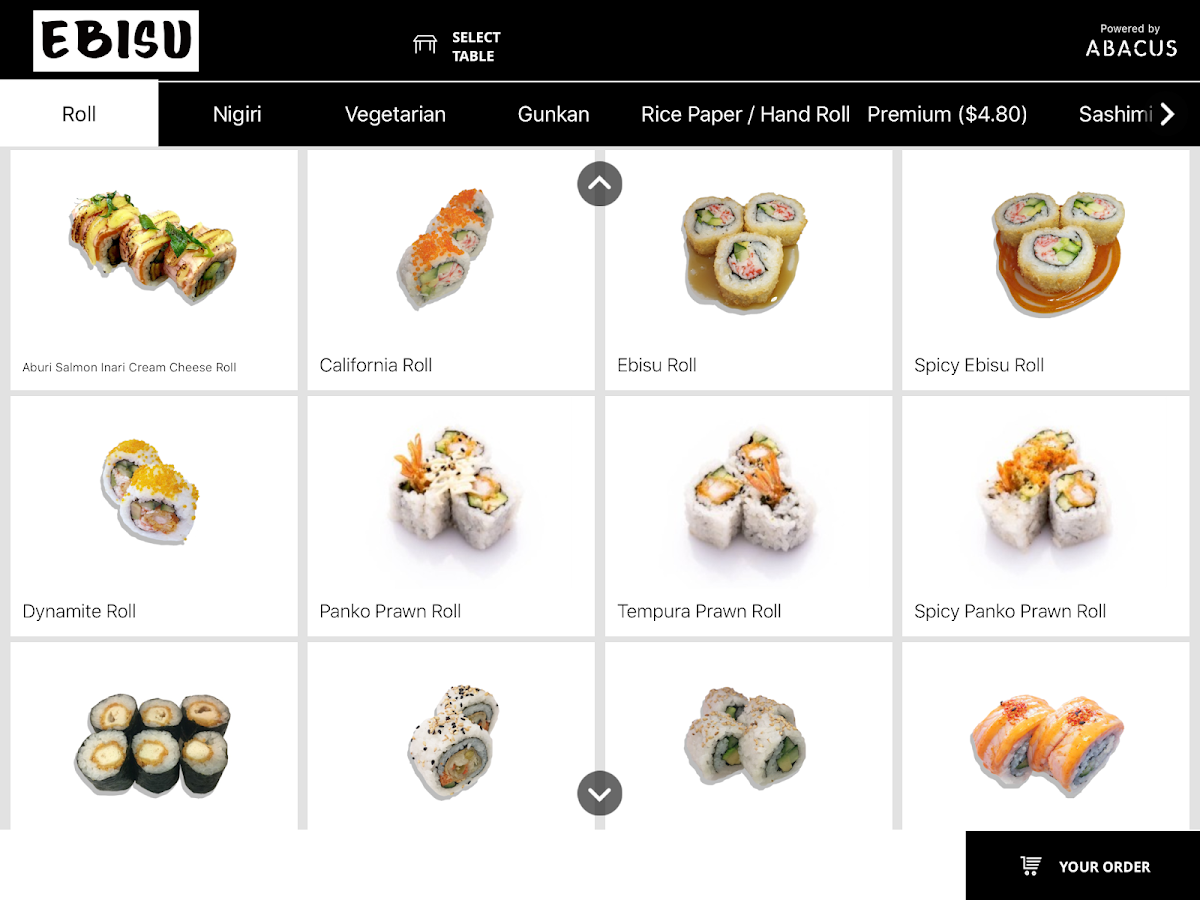Menu, Ebisu Sushi