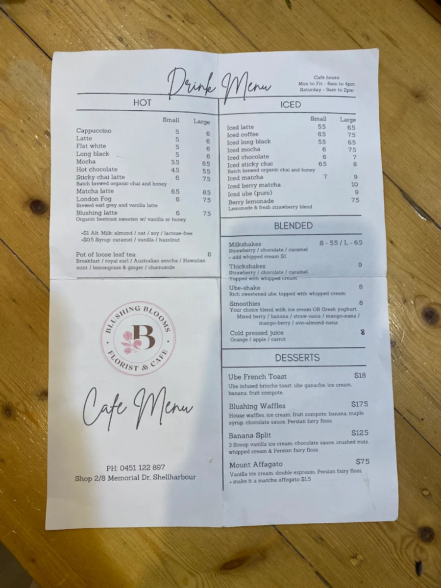 Menu, Blushing Blooms - Florist & Café