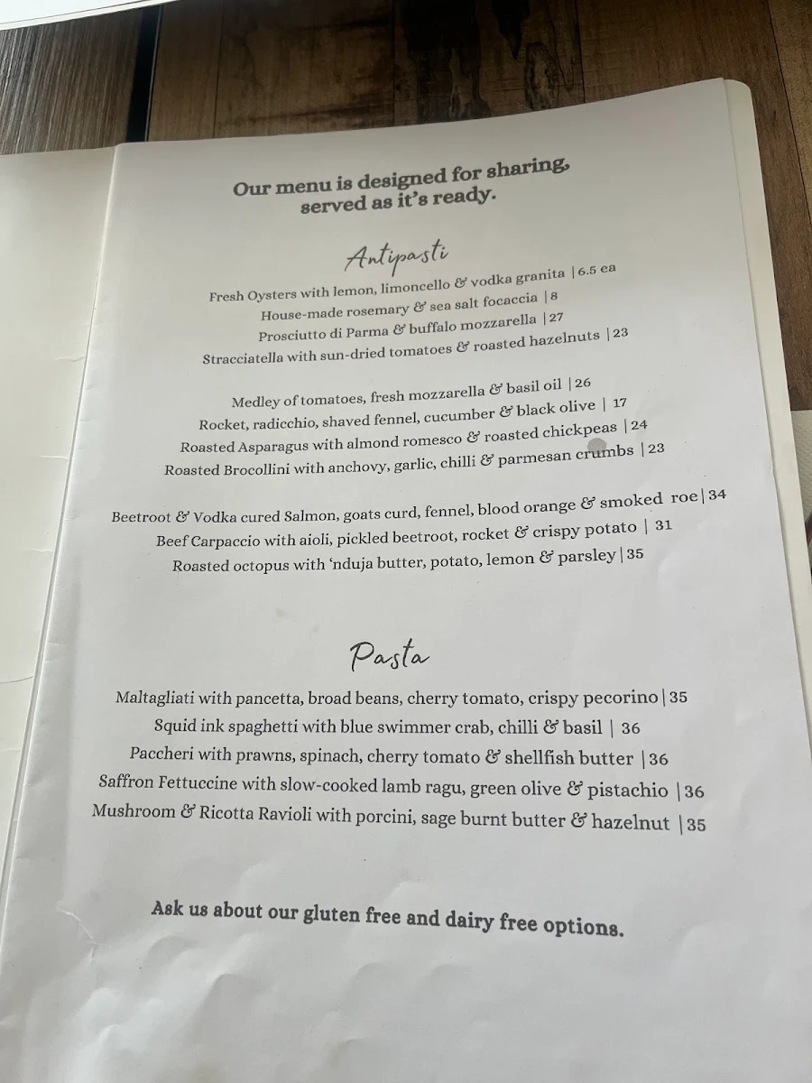 Menu, Capriccio Osteria Italian Restaurant in Leichhardt Sydney