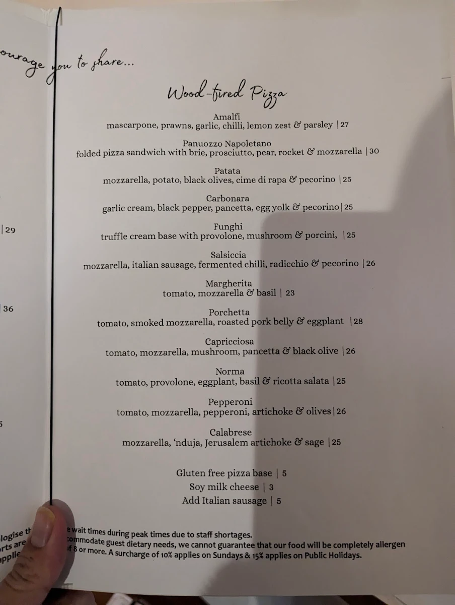 Menu, Capriccio Osteria Italian Restaurant in Leichhardt Sydney
