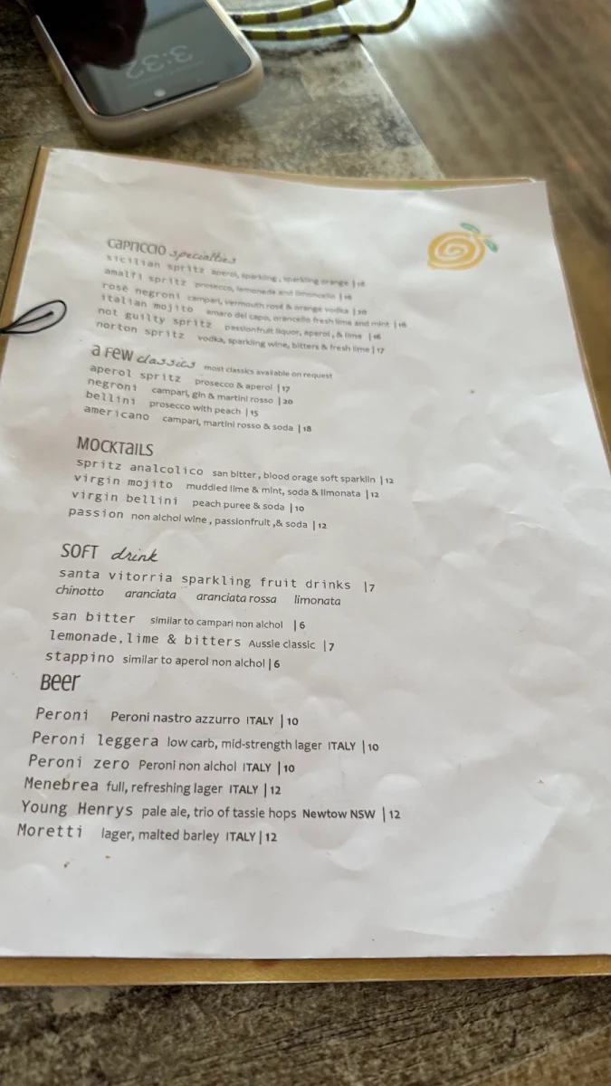 Menu, Capriccio Osteria Italian Restaurant in Leichhardt Sydney