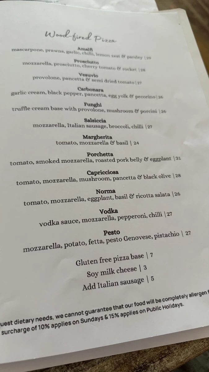 Menu, Capriccio Osteria Italian Restaurant in Leichhardt Sydney