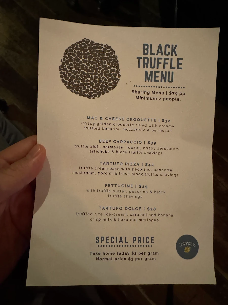 Menu, Capriccio Osteria Italian Restaurant in Leichhardt Sydney