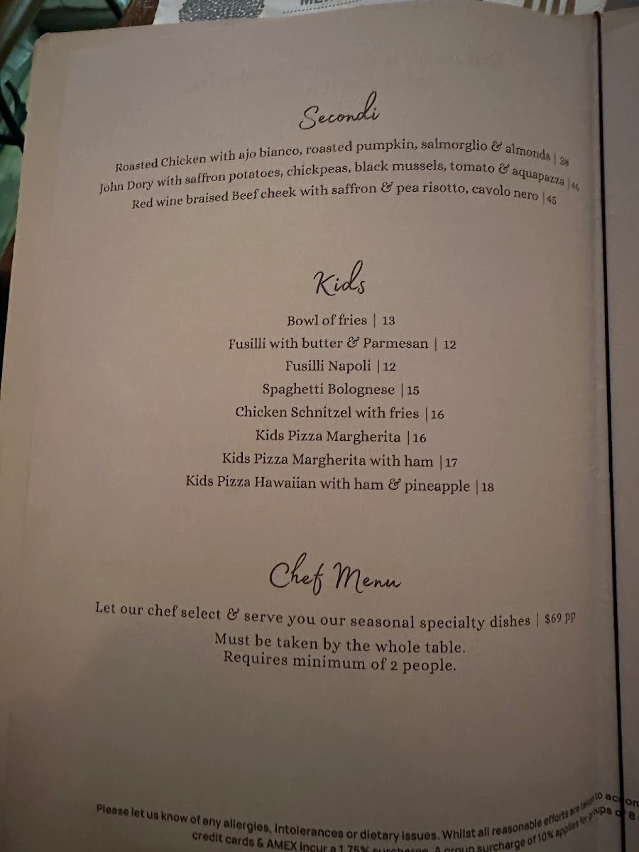 Menu, Capriccio Osteria Italian Restaurant in Leichhardt Sydney