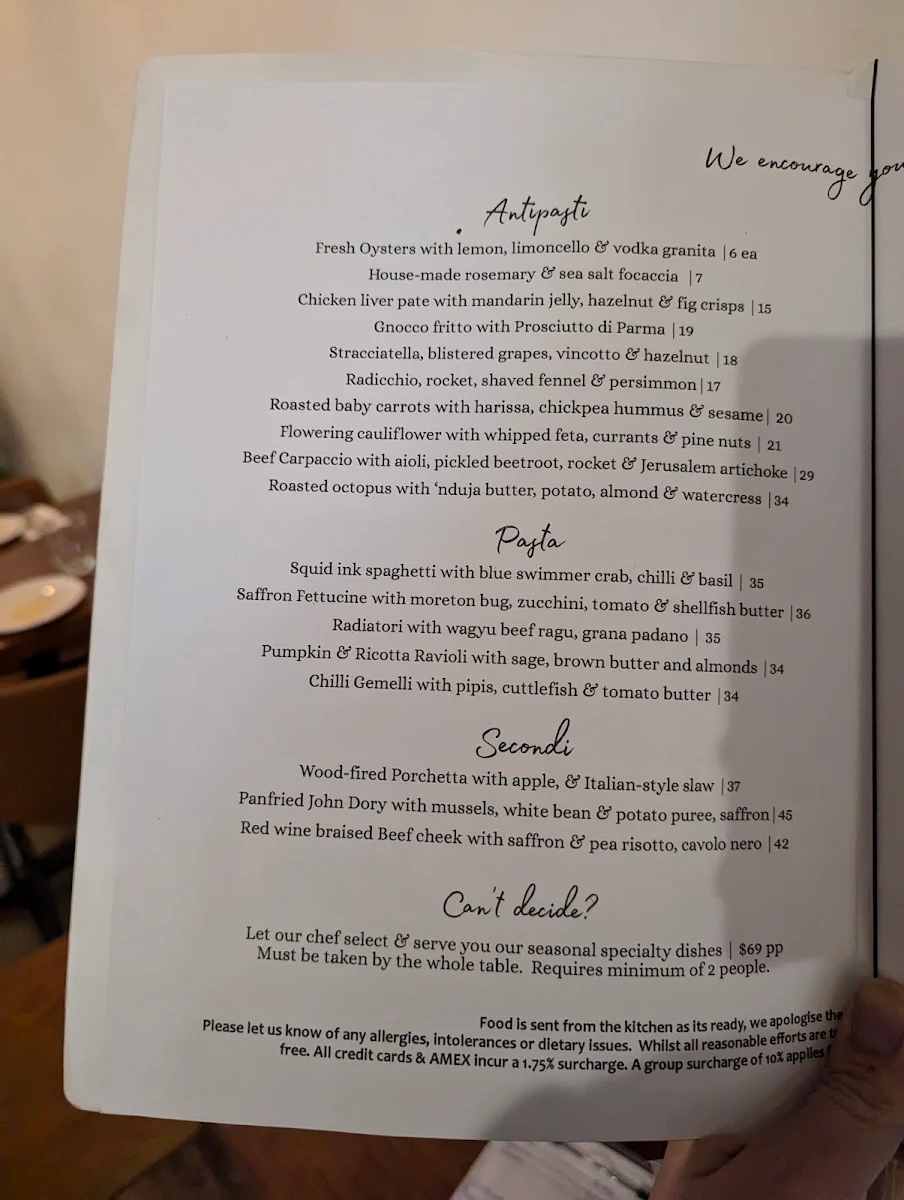 Menu, Capriccio Osteria Italian Restaurant in Leichhardt Sydney