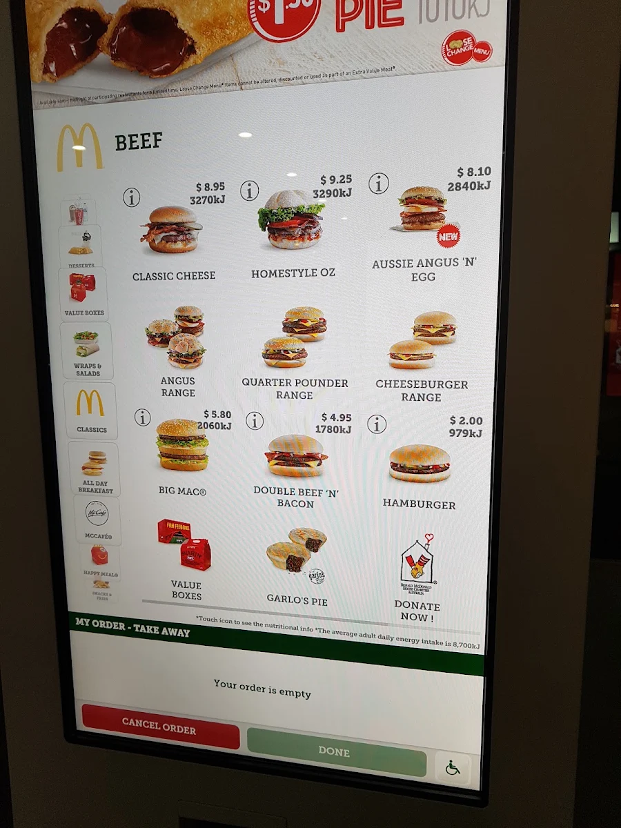 Menu, McDonald's Tullamarine
