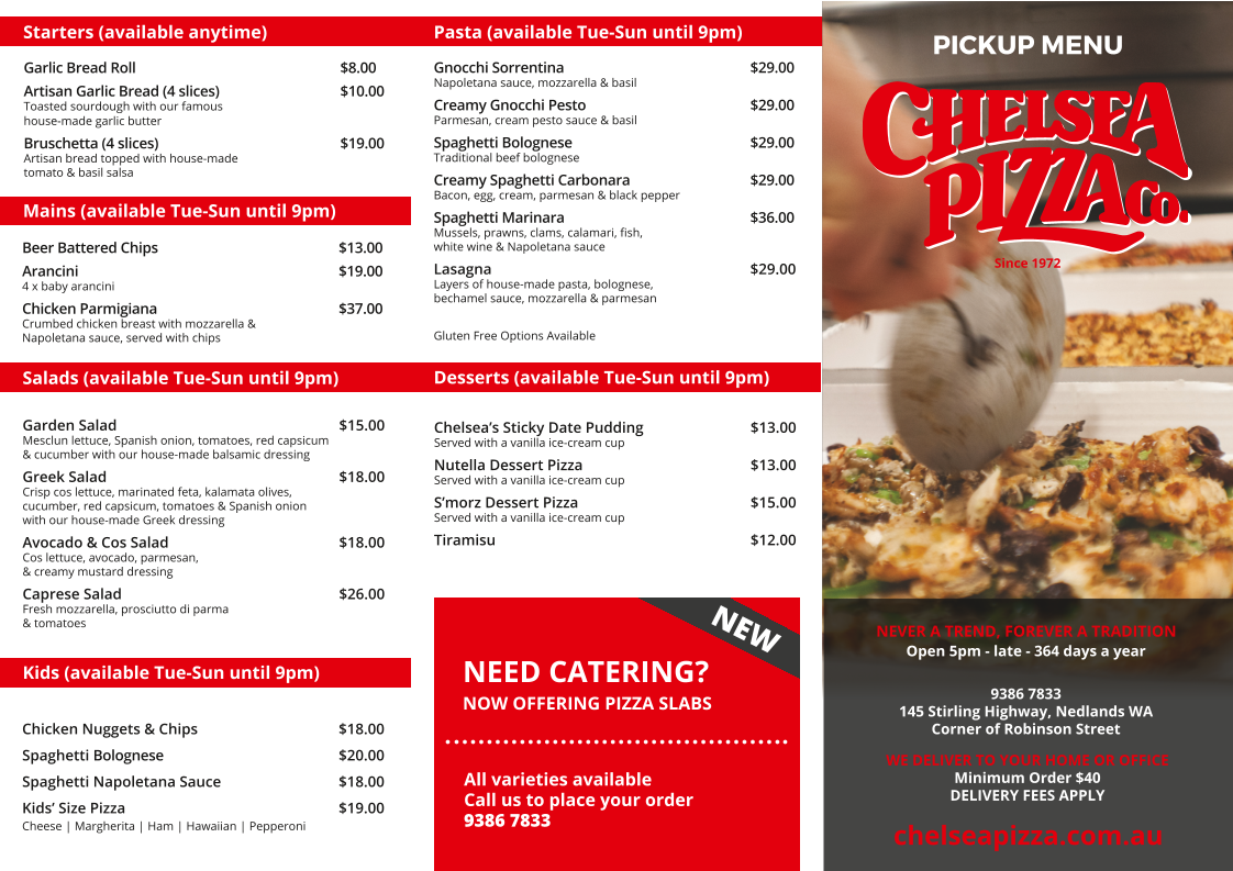 Menu, Chelsea Pizza Co