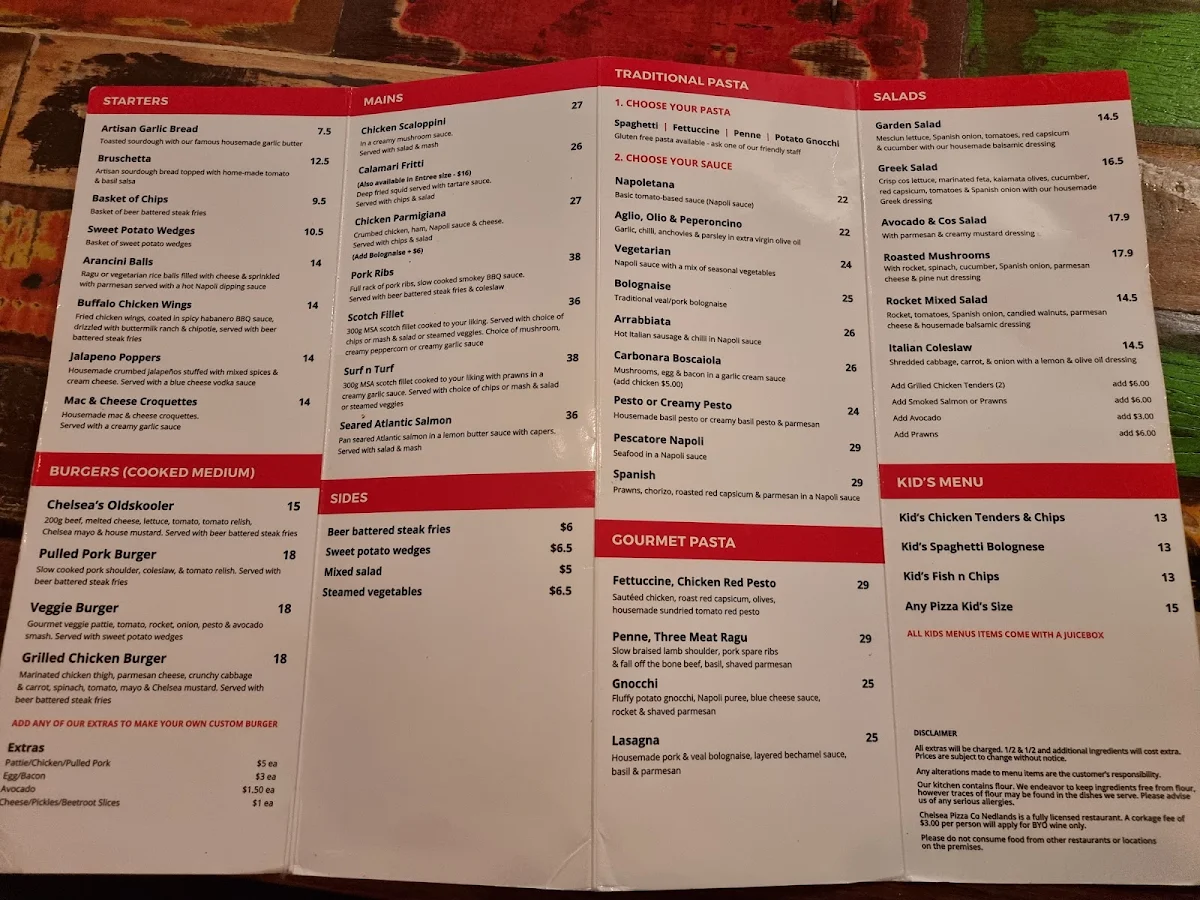 Menu, Chelsea Pizza Co