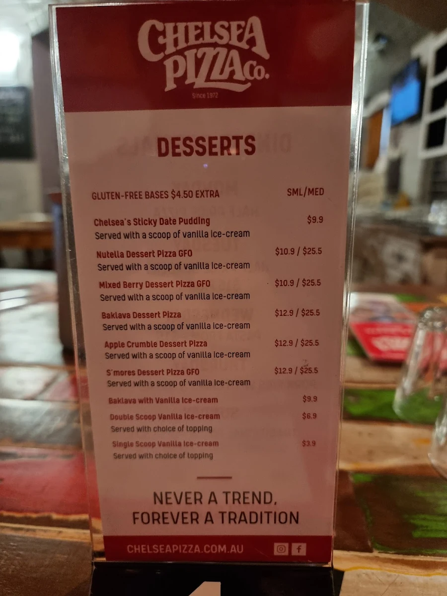 Menu, Chelsea Pizza Co