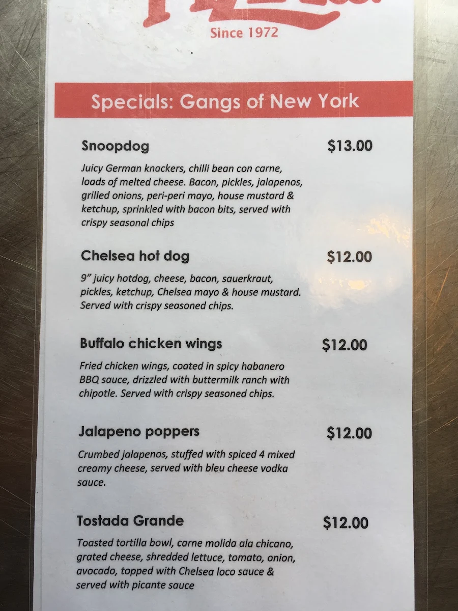 Menu, Chelsea Pizza Co