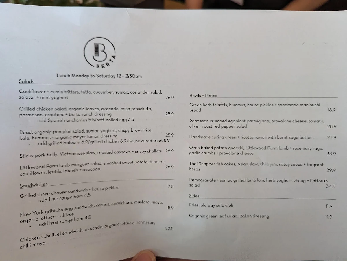 Menu, berta