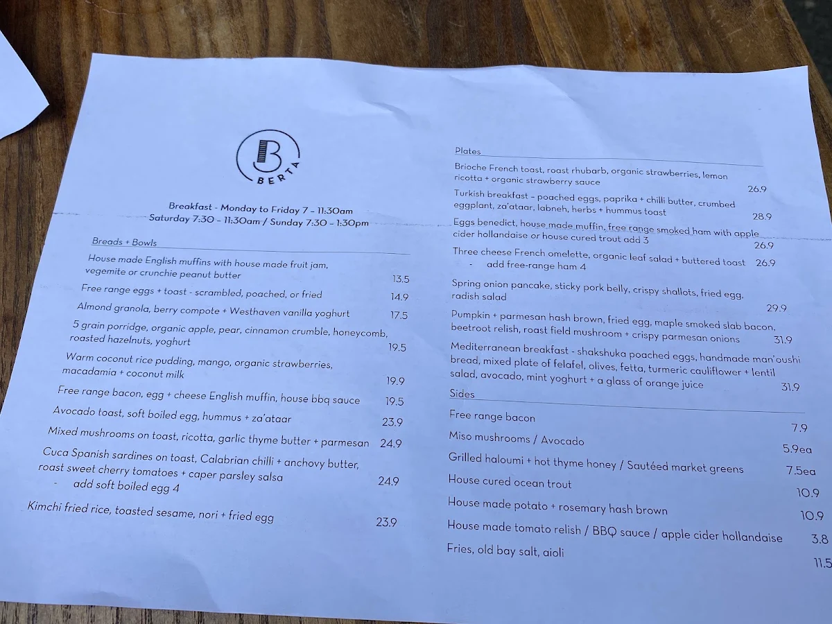 Menu, berta