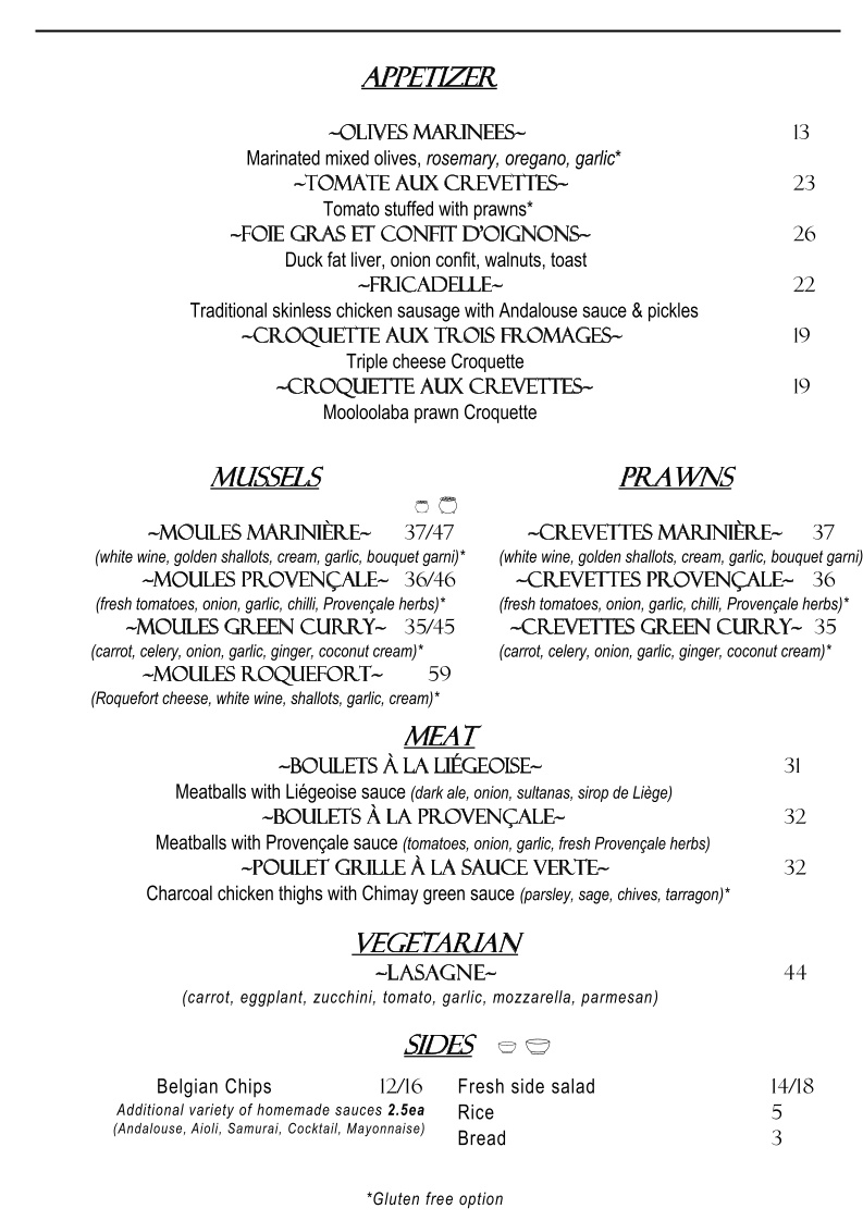 Menu, Bridges MD - Belgian dining