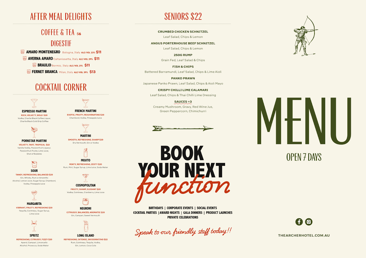 Menu, The Archer Hotel