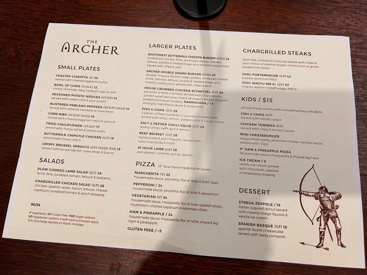 Menu, The Archer Hotel