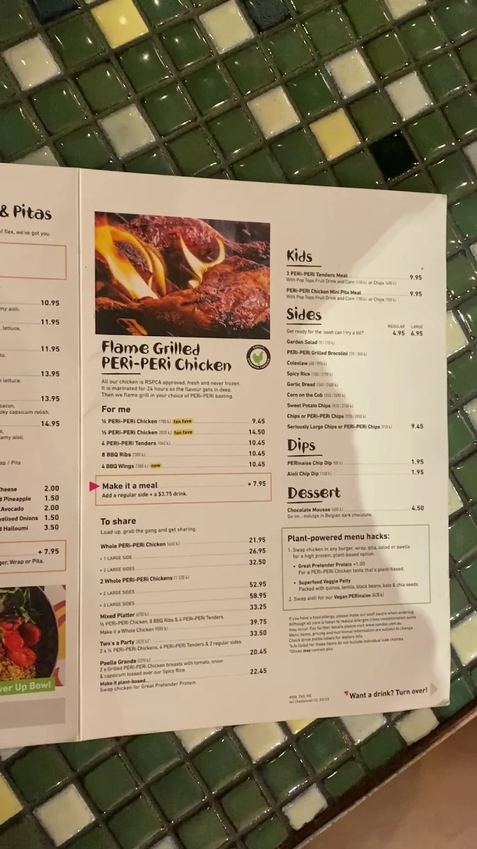 Menu, Nando's Craigieburn