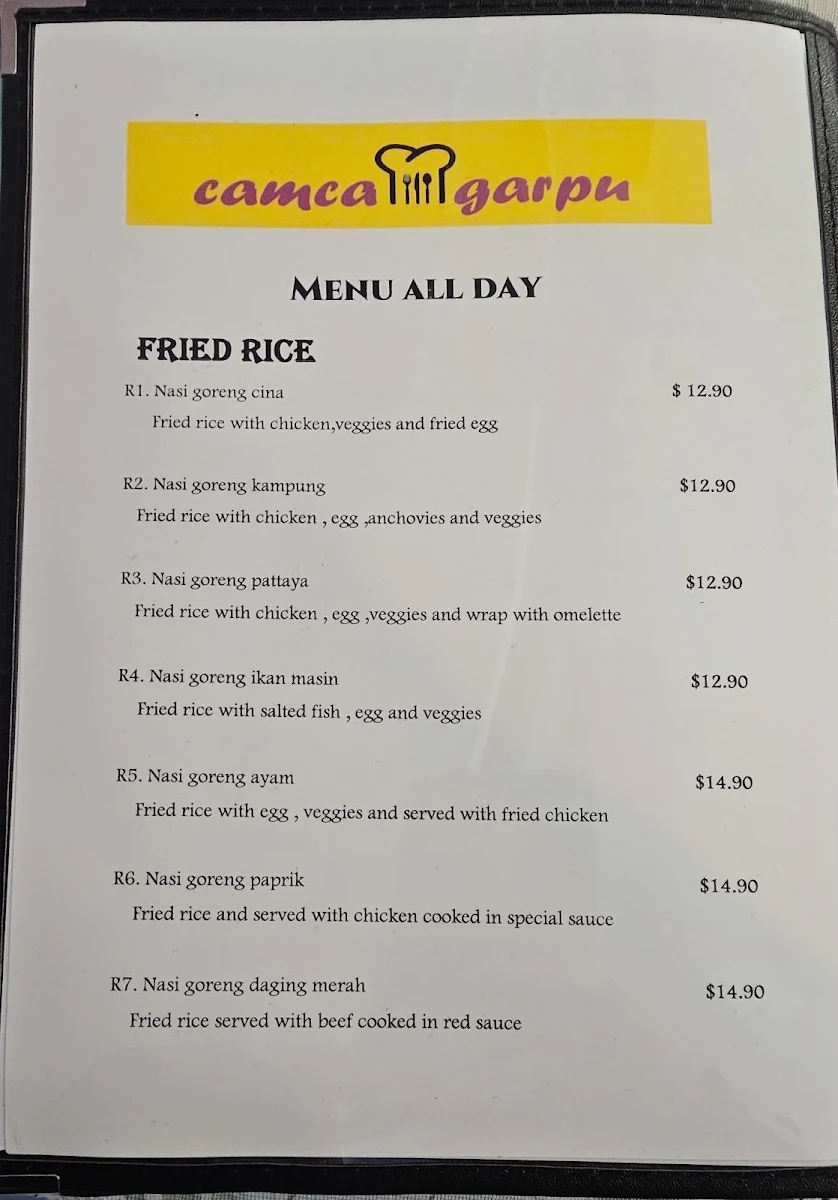 Menu, camca garpu