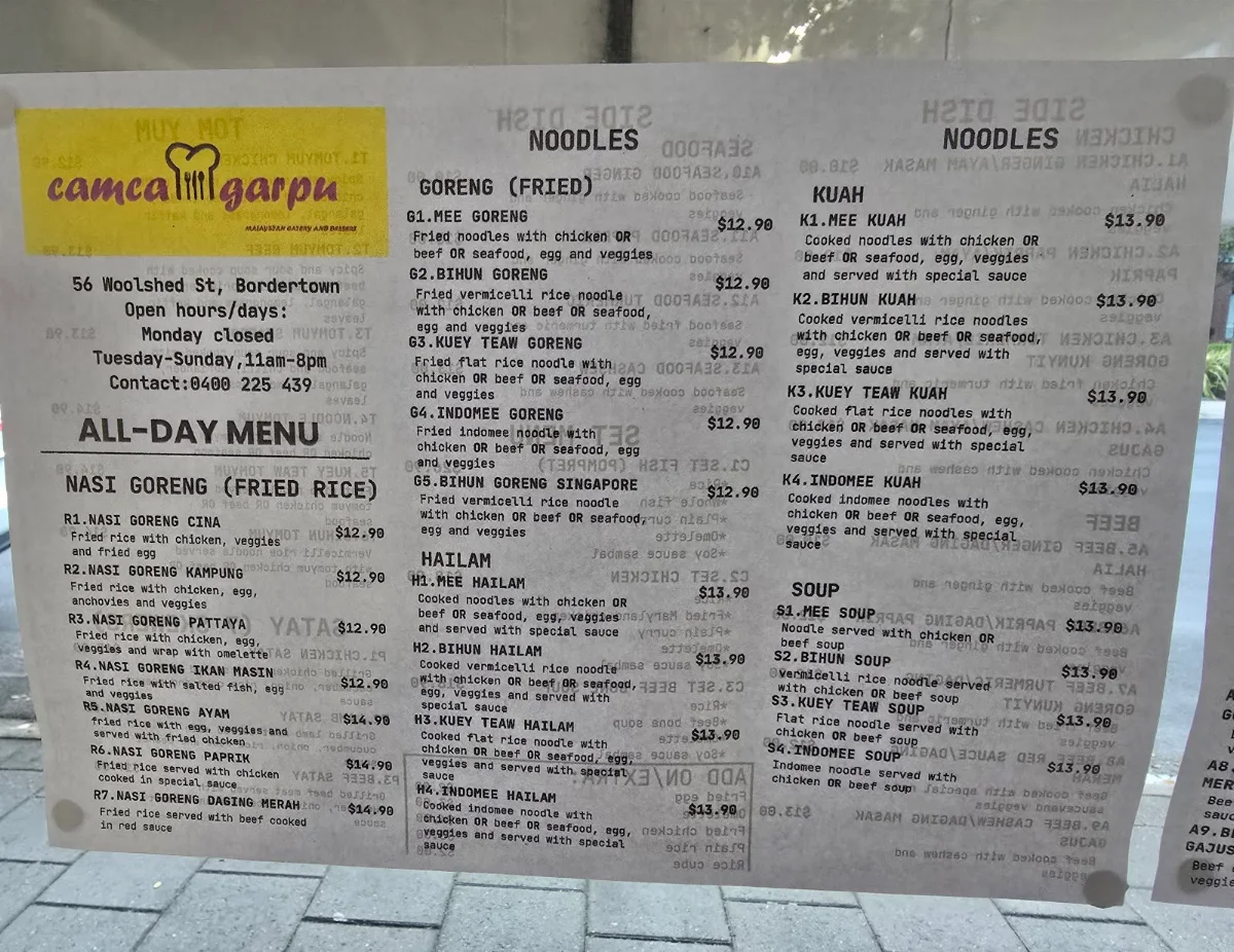 Menu, camca garpu