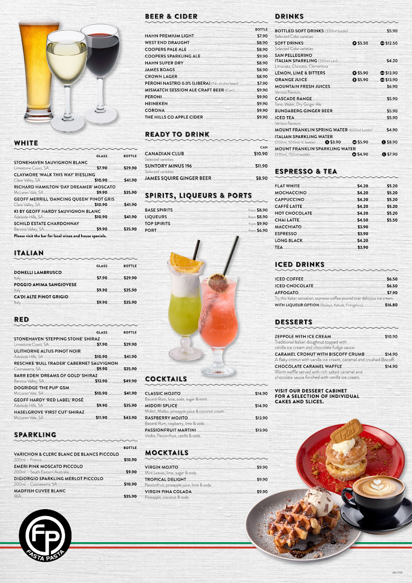 Menu, Fasta Pasta Salisbury
