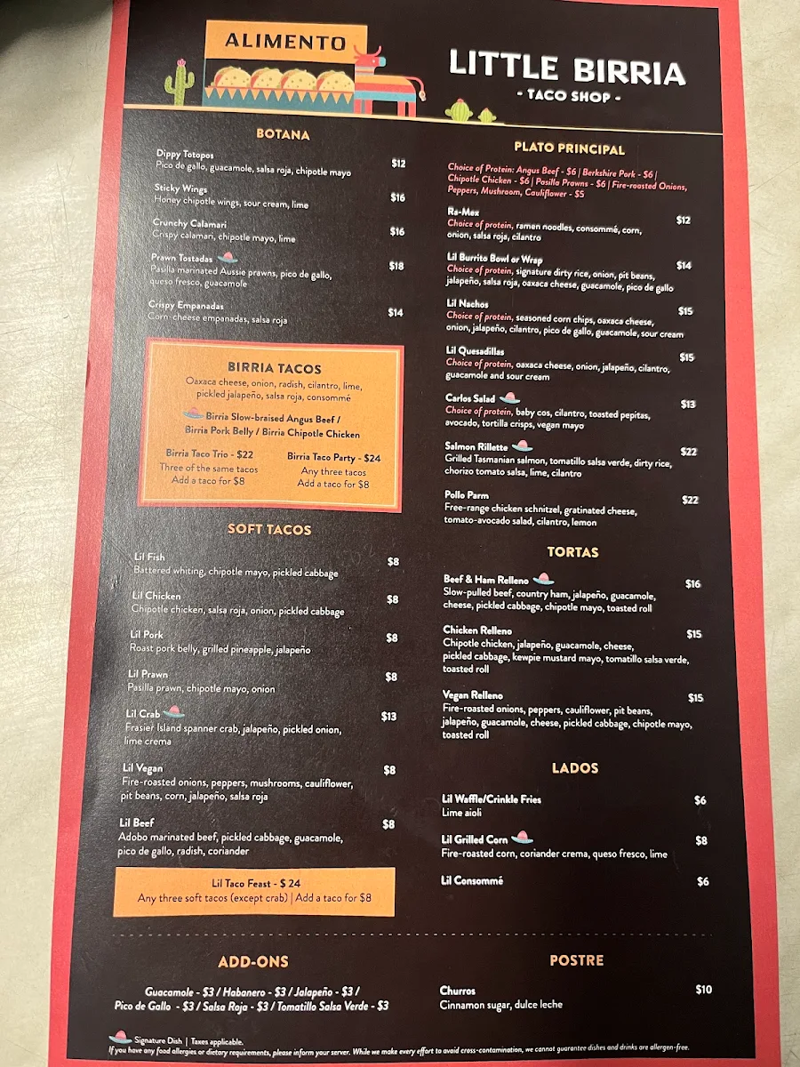 Menu, Little Birria Mascot