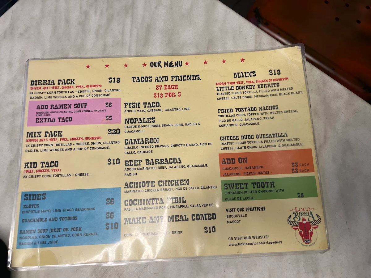 Menu, Little Birria Mascot