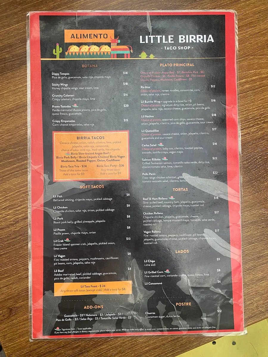 Menu, Little Birria Mascot