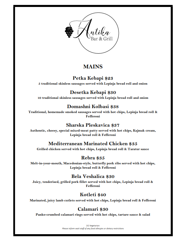 Menu, Antika Bar & Grill