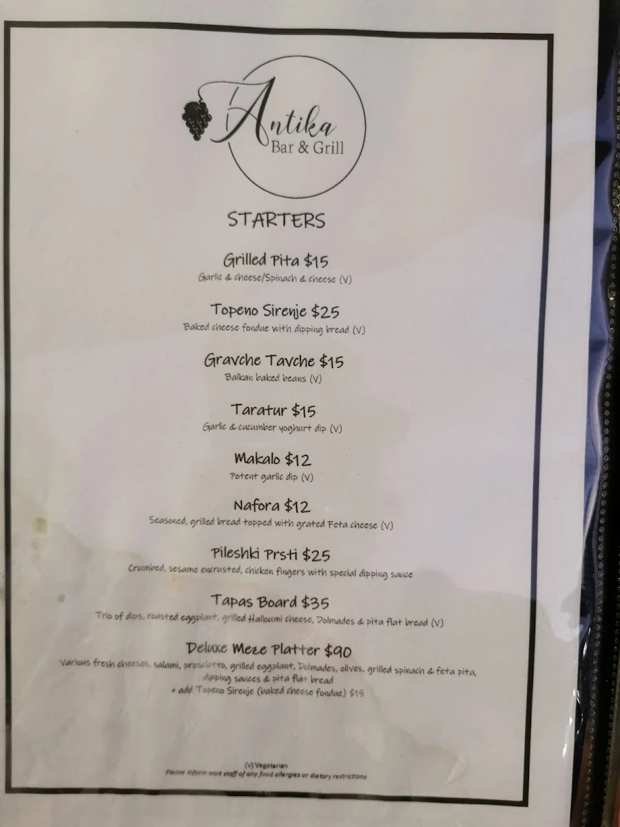 Menu, Antika Bar & Grill