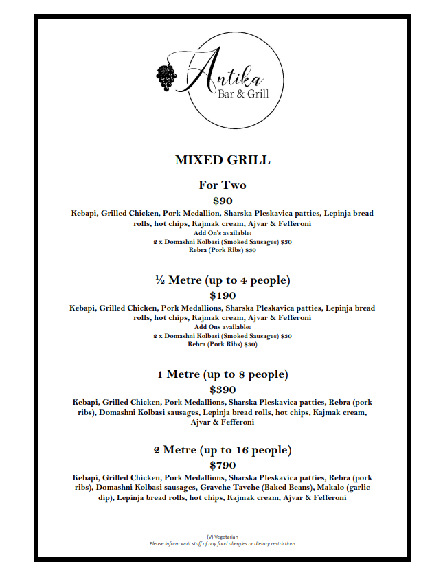 Menu, Antika Bar & Grill