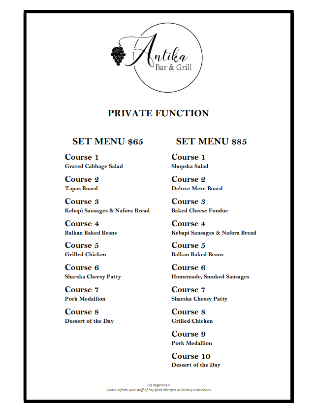 Menu, Antika Bar & Grill