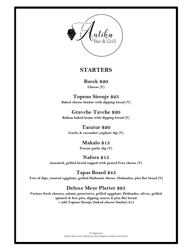 Menu, Antika Bar & Grill