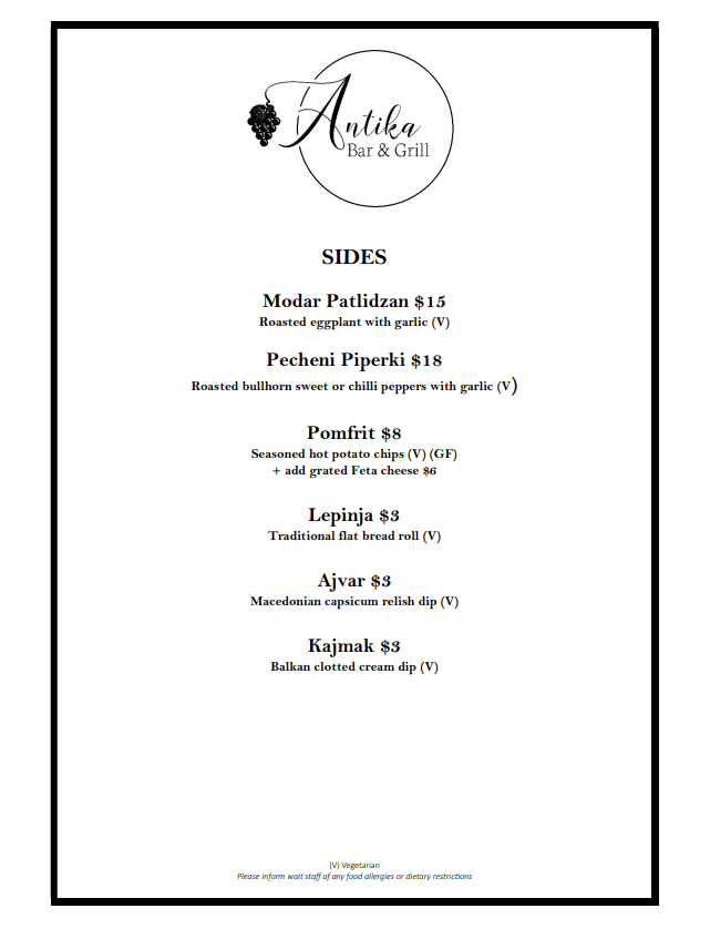 Menu, Antika Bar & Grill