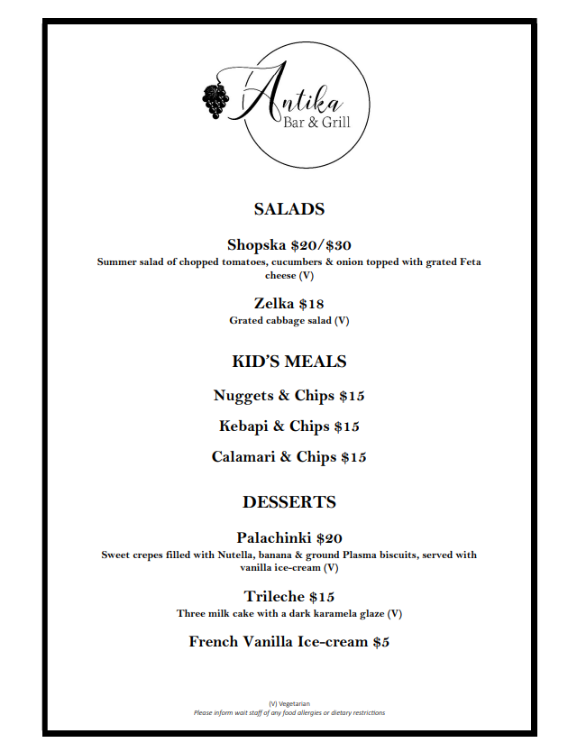 Menu, Antika Bar & Grill