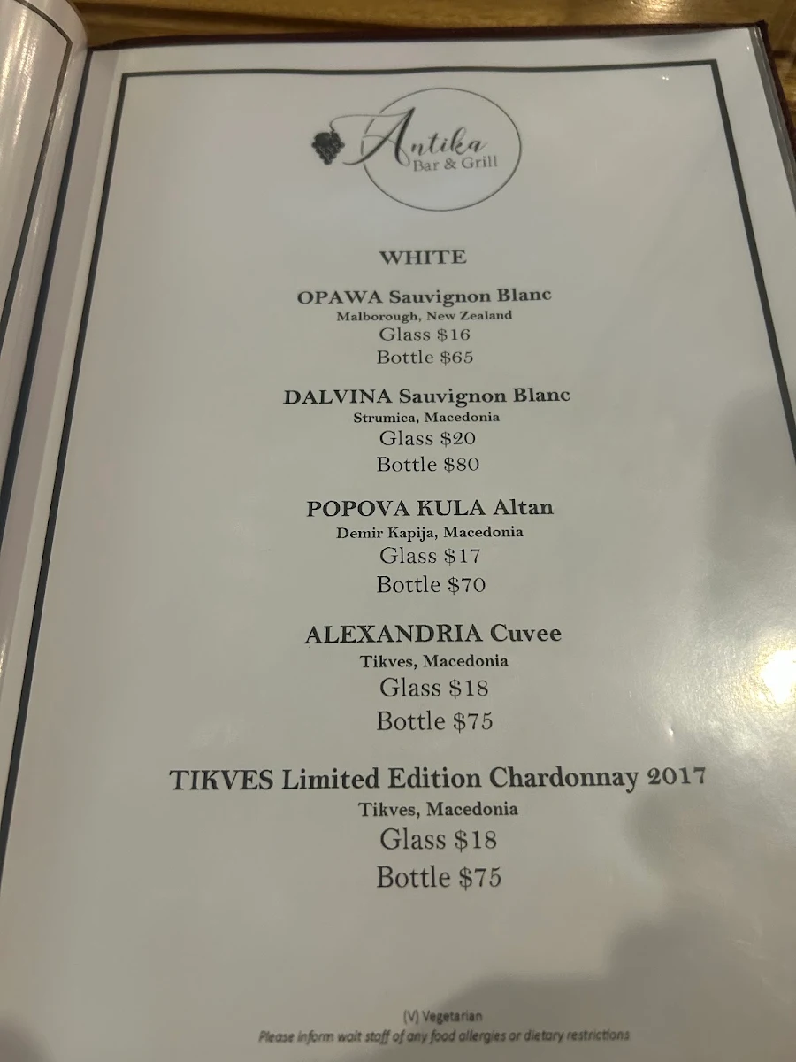 Menu, Antika Bar & Grill