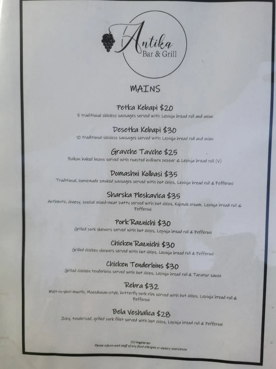 Menu, Antika Bar & Grill