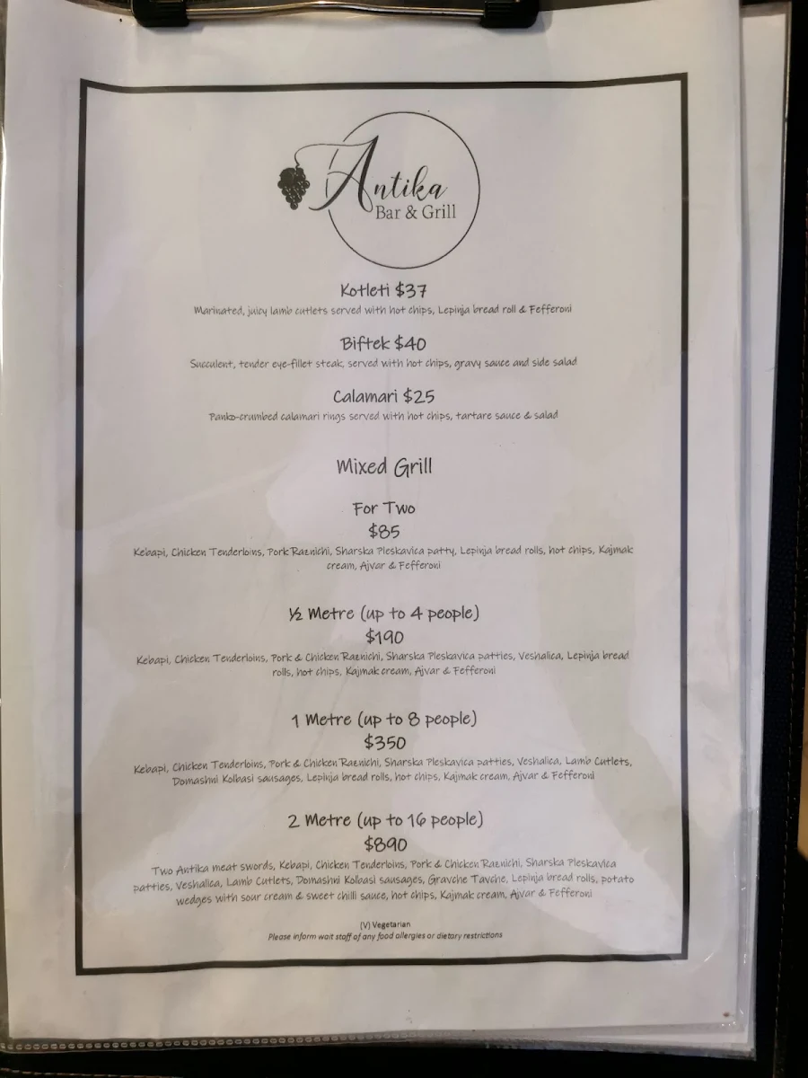 Menu, Antika Bar & Grill
