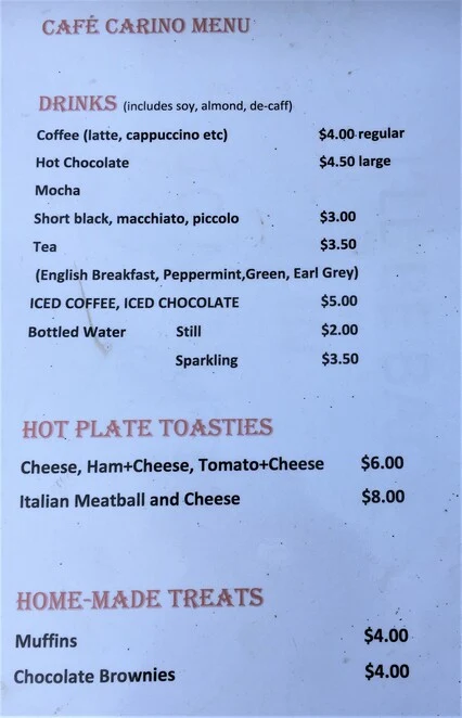 Menu, Cafe Carino
