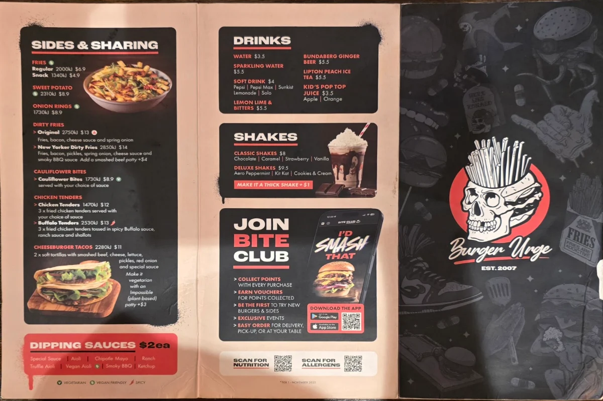 Menu, Burger Urge (Burpengary)