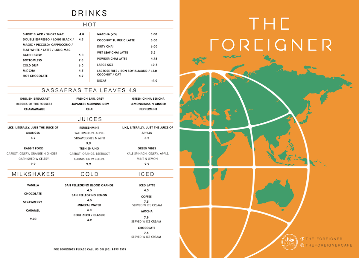 Menu, The Foreigner Café Ivanhoe