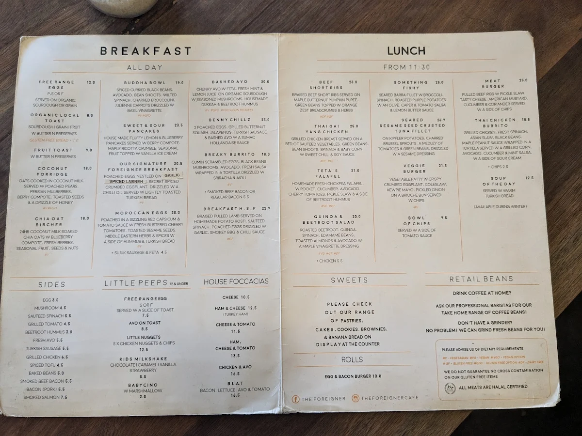 Menu, The Foreigner Café Ivanhoe