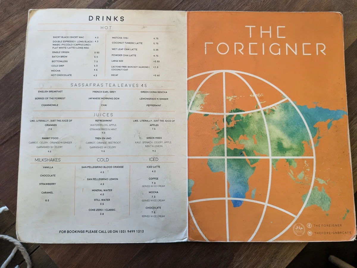 Menu, The Foreigner Café Ivanhoe