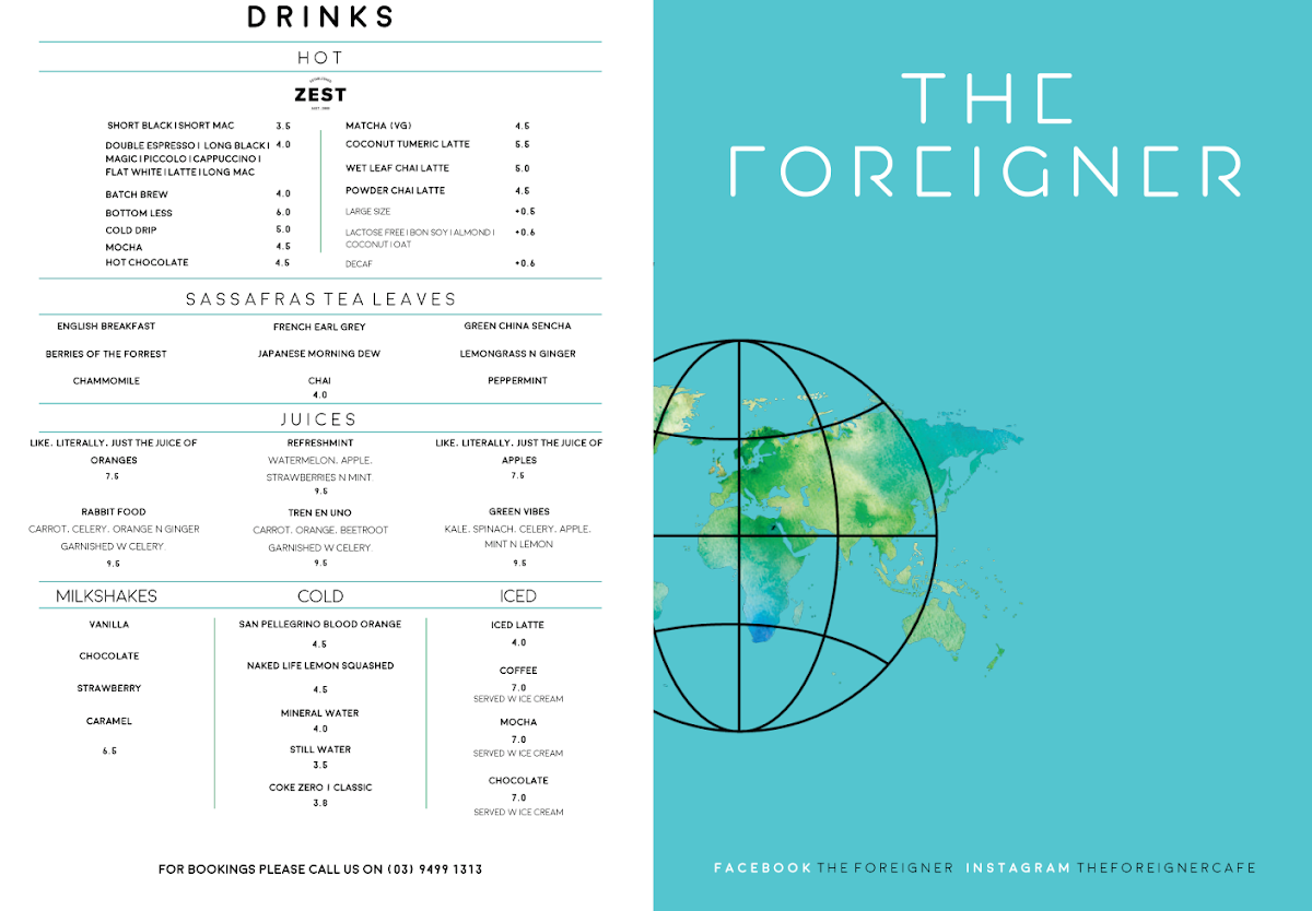 Menu, The Foreigner Café Ivanhoe