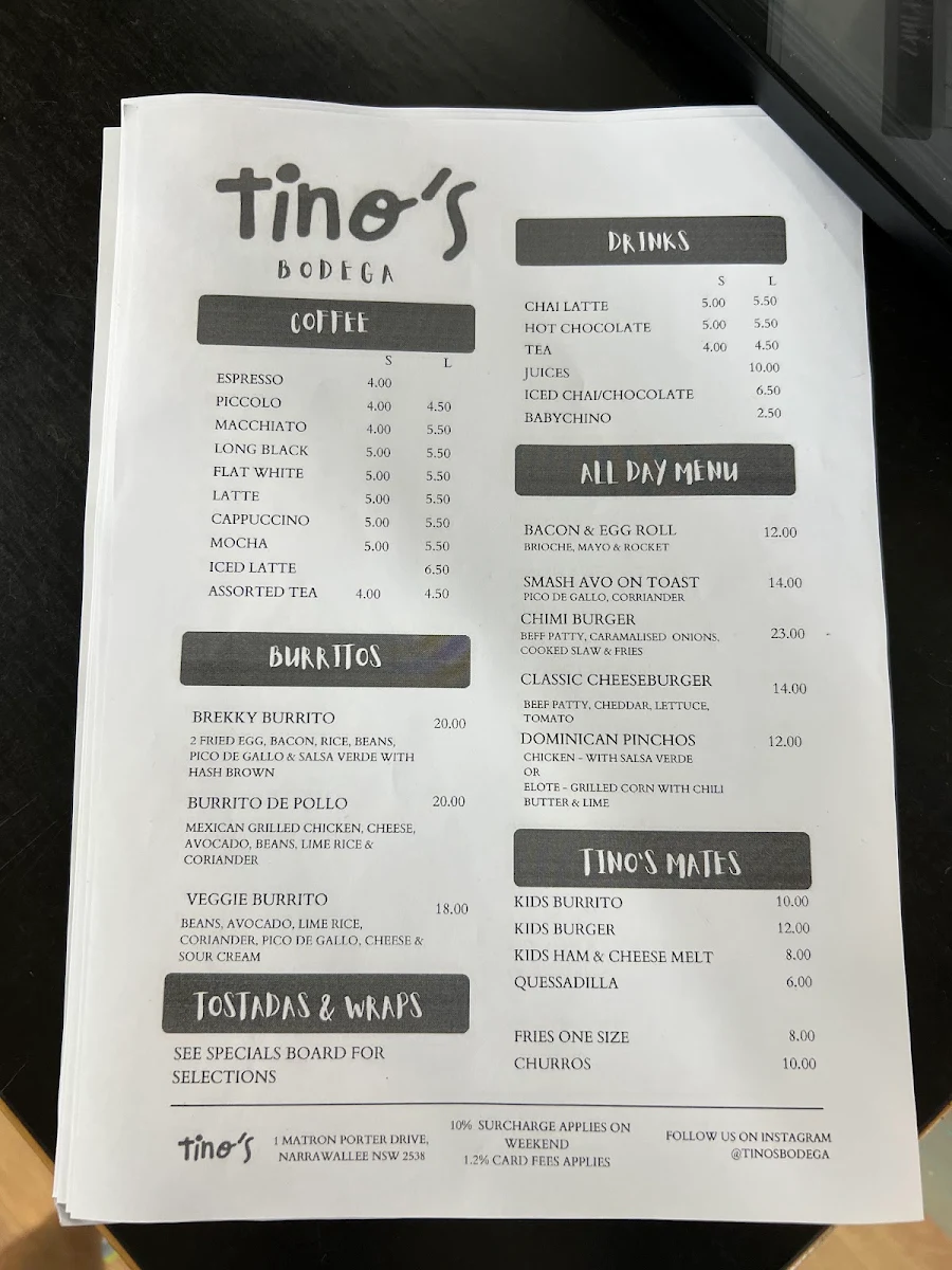 Menu, Tinos Bodega