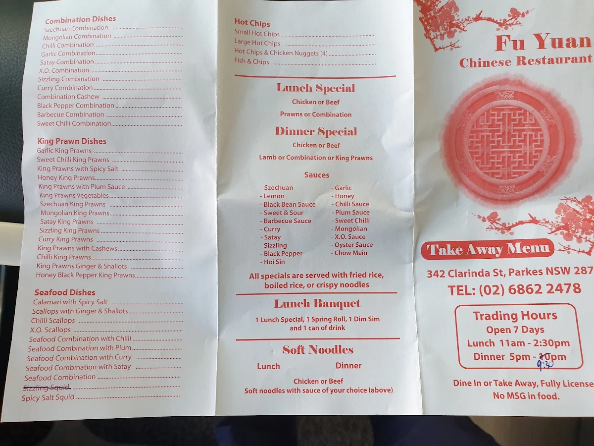 Menu, Fu Yuan Chinese Restaurant