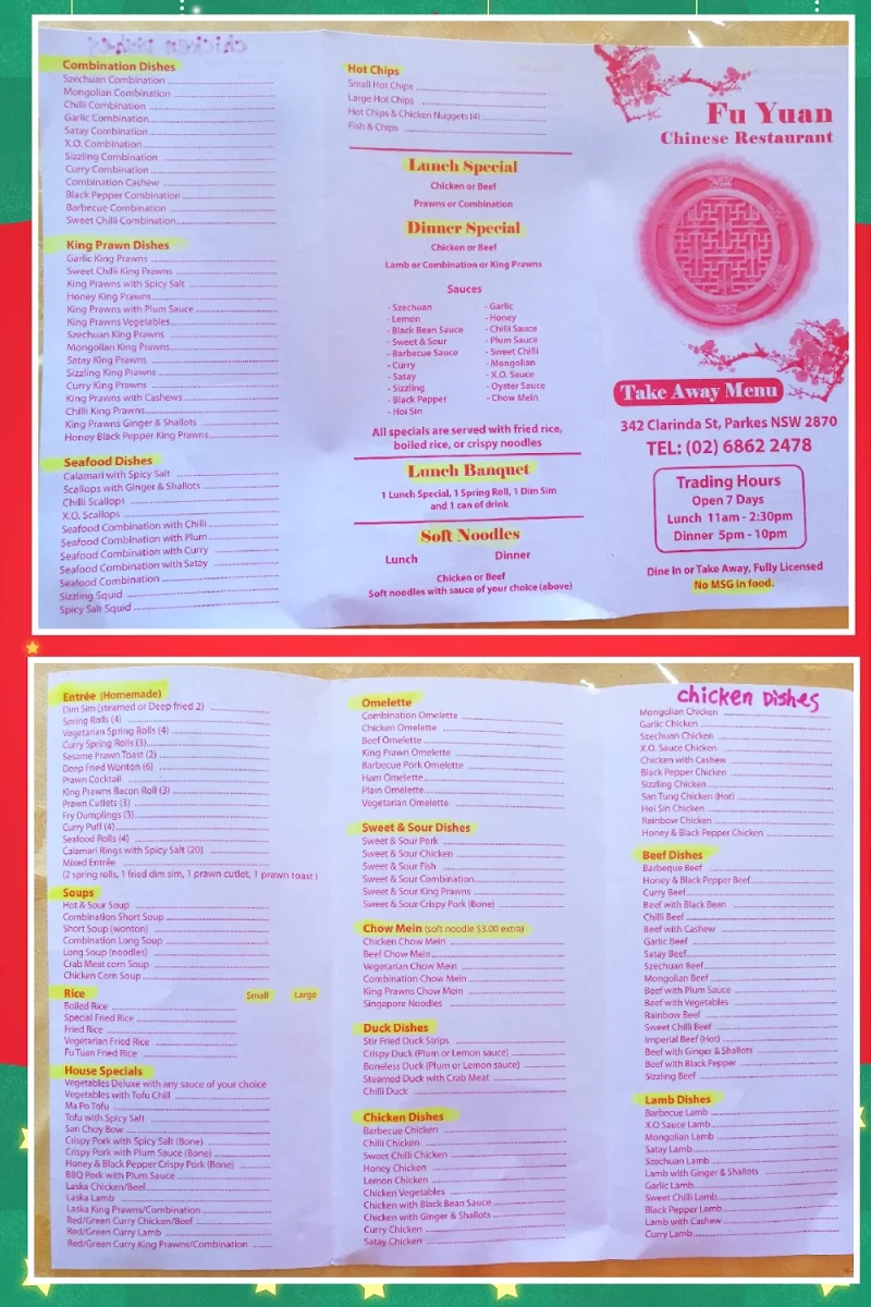 Menu, Fu Yuan Chinese Restaurant